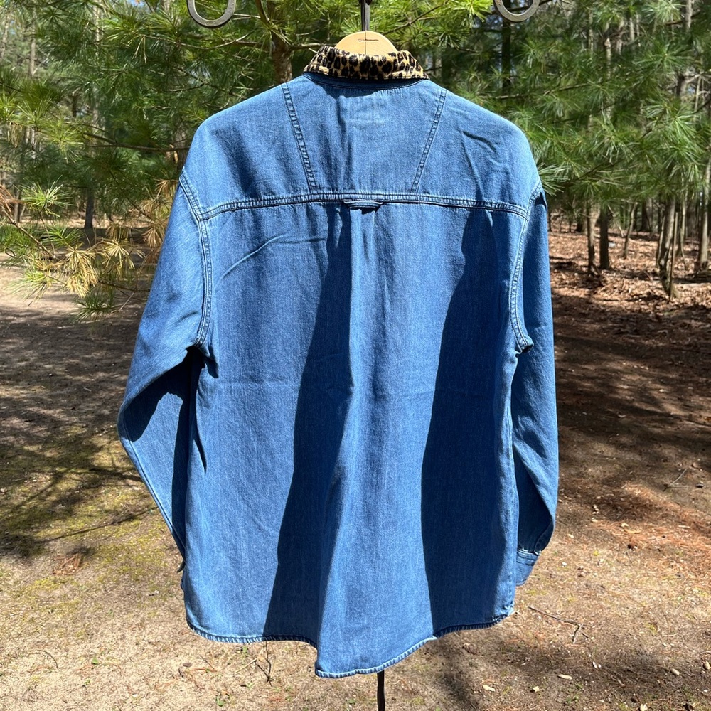 90s Solutions Denim Button-Up Shirt Leopard Collar Animal Print Funky - Picture 3 of 13